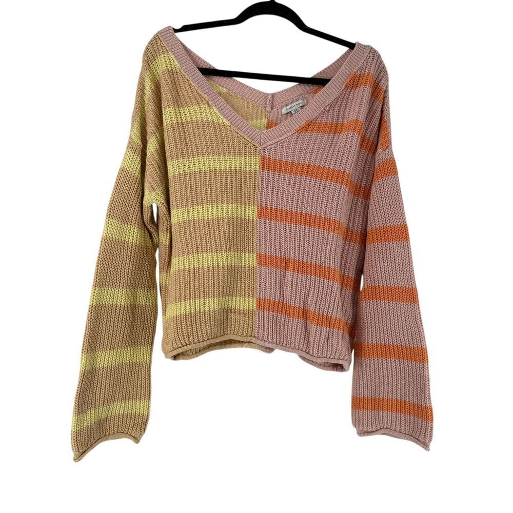 American Eagle Oversized Sweater V Neck Size M Colorful Striped 100% Cotton Fun